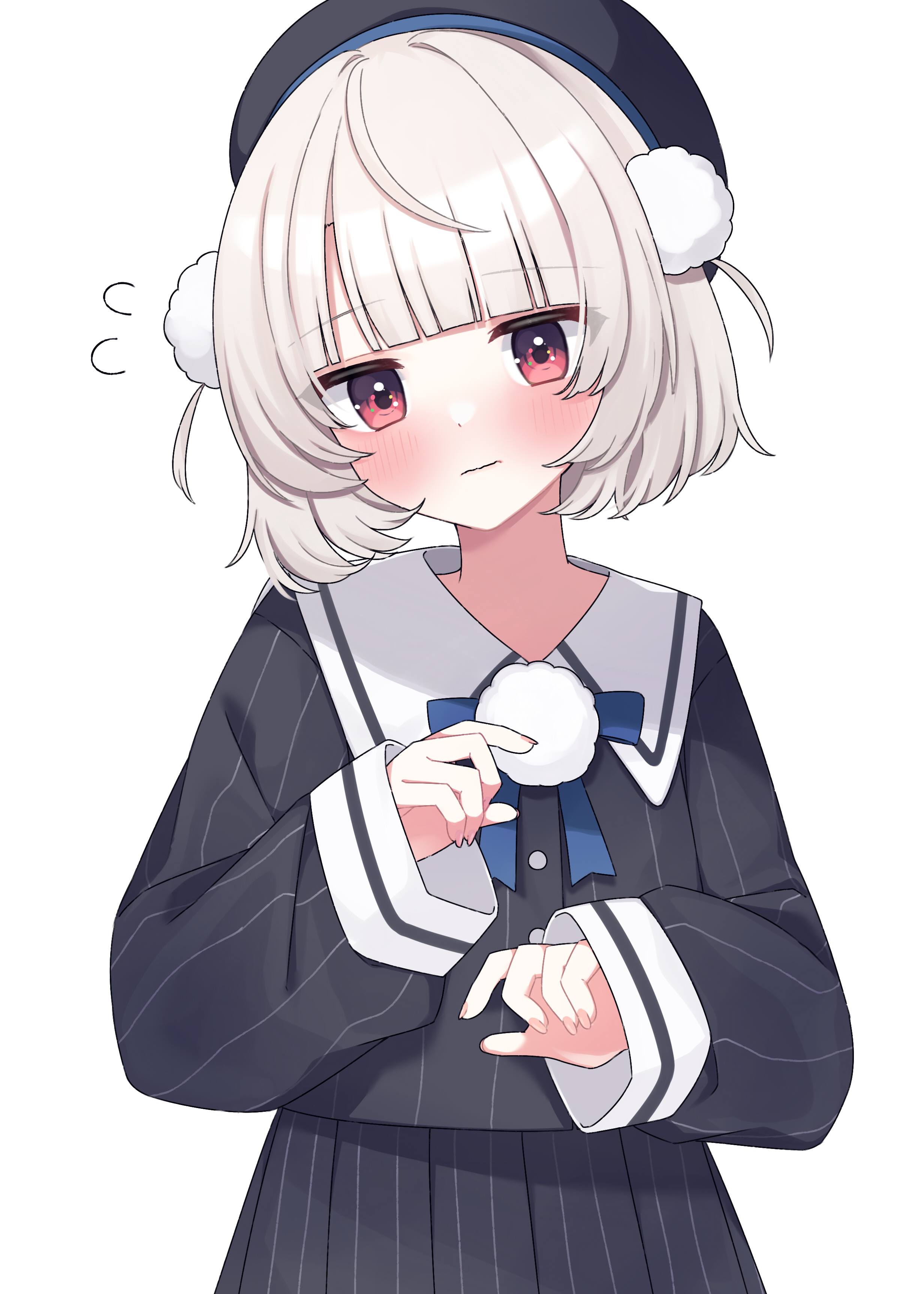 ui (voisona), voisona, absurdres, commentary request, highres, 1girl, beret, black hat, black jacket, black skirt, blue bow, blue bowtie, blunt bangs, blush, bow, bowtie, embarrassed, fingernails, from side, grey hair, hair ornament, hat, jacket, long sleeves, pinstripe jacket, pinstripe pattern, pinstripe skirt, pleated skirt, pom pom (clothes), pom pom hair ornament, red eyes, sailor collar, school uniform, short hair, side part, simple background, skirt, sleeves past wrists, solo, tachibana chil, two side up, upper body, wavy mouth, white background, white sailor collar, wrist cuffs