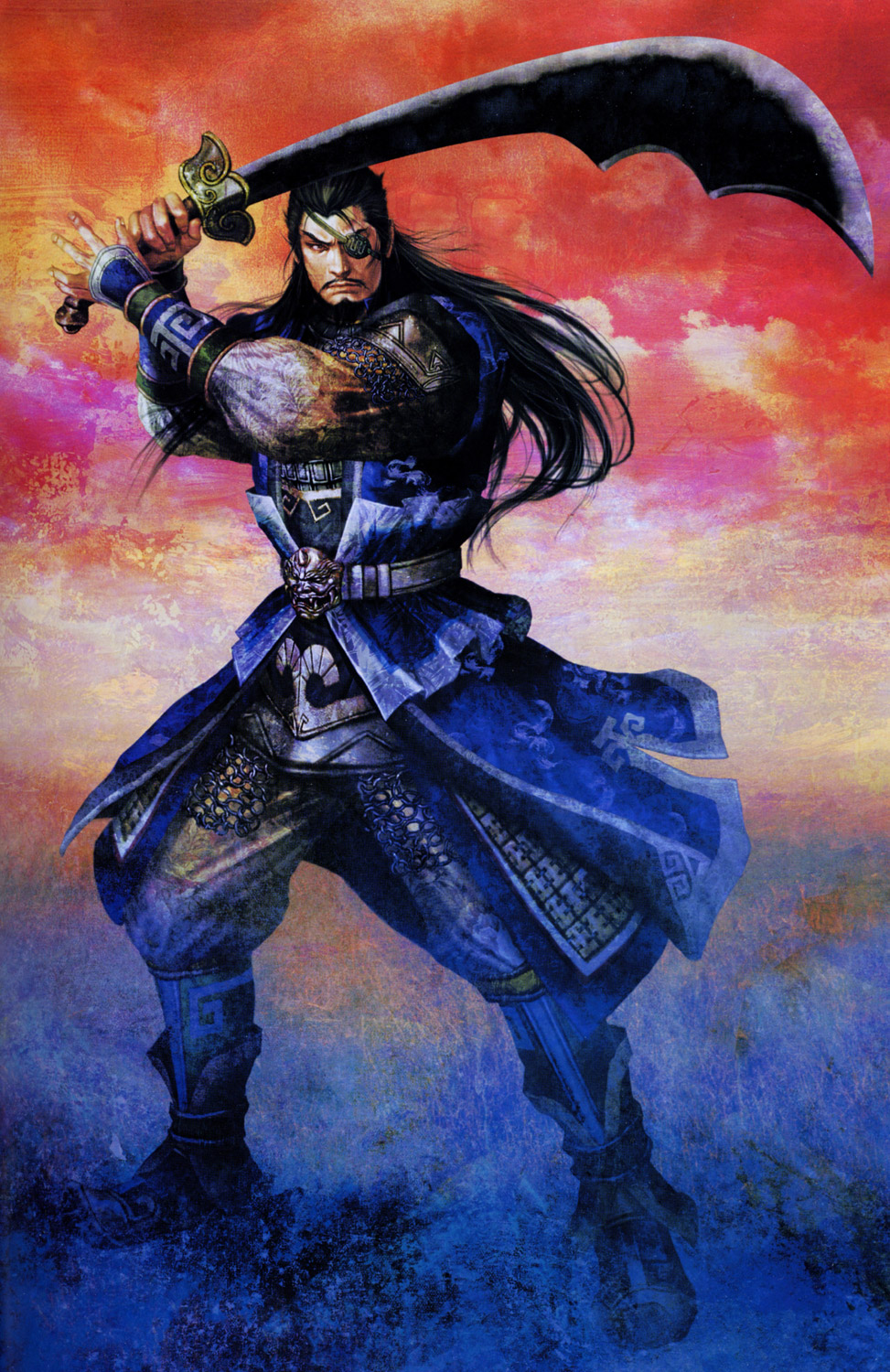 xiahou dun (shin sangoku musou), sangoku musou 1, shin sangoku musou, highres, official art, 1boy, armor, eyepatch, facial hair, full body, gradient background, long hair, male focus, mustache, outdoors, scimitar, sky, solo, sword, weapon