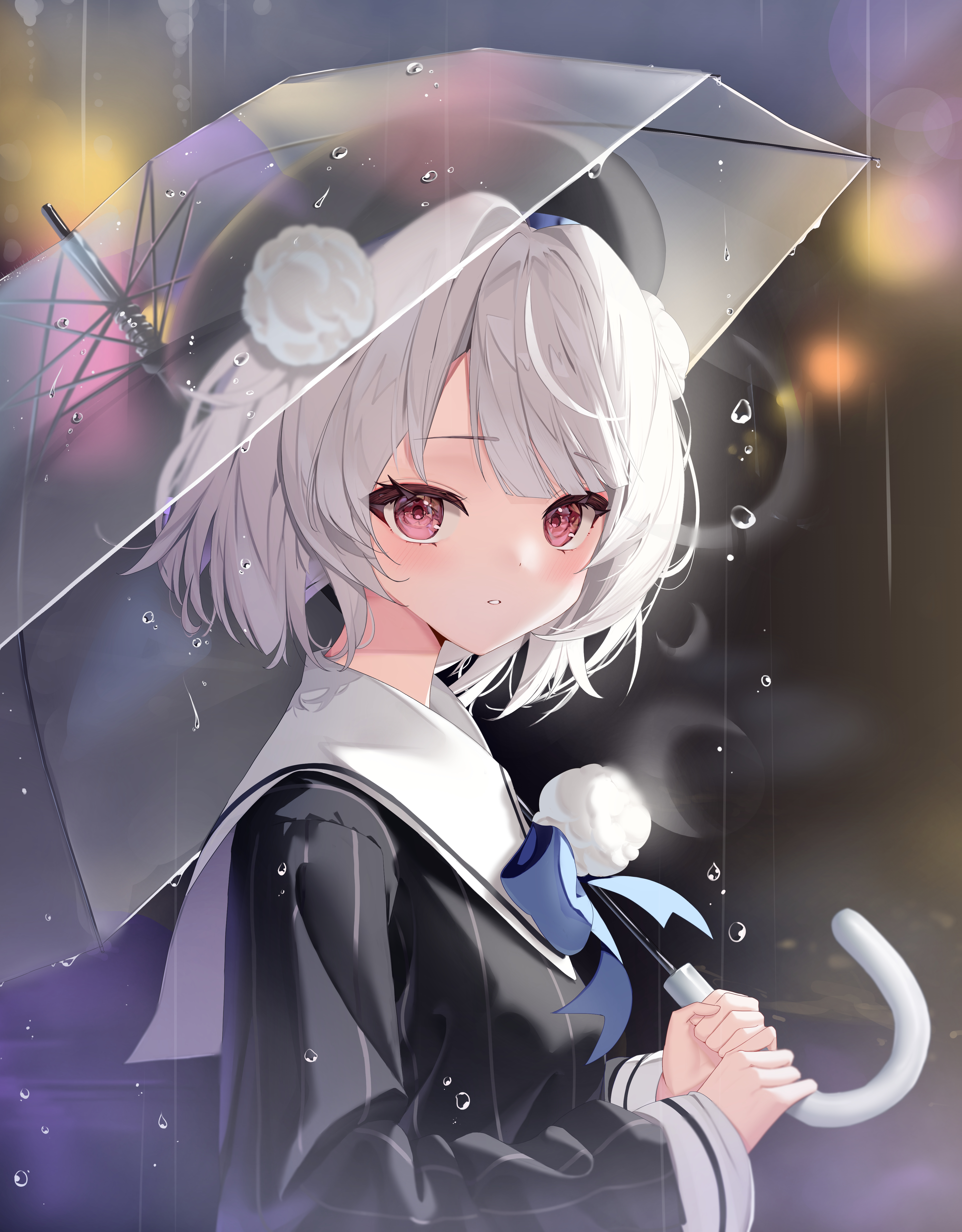 izure (pixiv65617238), ui (voisona), voisona, absurdres, commentary, highres, 1girl, beret, black hat, black jacket, blue bow, blue bowtie, blurry, blurry background, blush, bokeh, bow, bowtie, depth of field, from side, grey hair, hair intakes, hair ornament, hat, holding, holding umbrella, jacket, long sleeves, looking at viewer, parted lips, pinstripe jacket, pinstripe pattern, pom pom (clothes), pom pom hair ornament, rain, red eyes, sailor collar, school uniform, short hair, side part, solo, swept bangs, transparent, transparent umbrella, umbrella, upper body, water drop, white sailor collar, wrist cuffs
