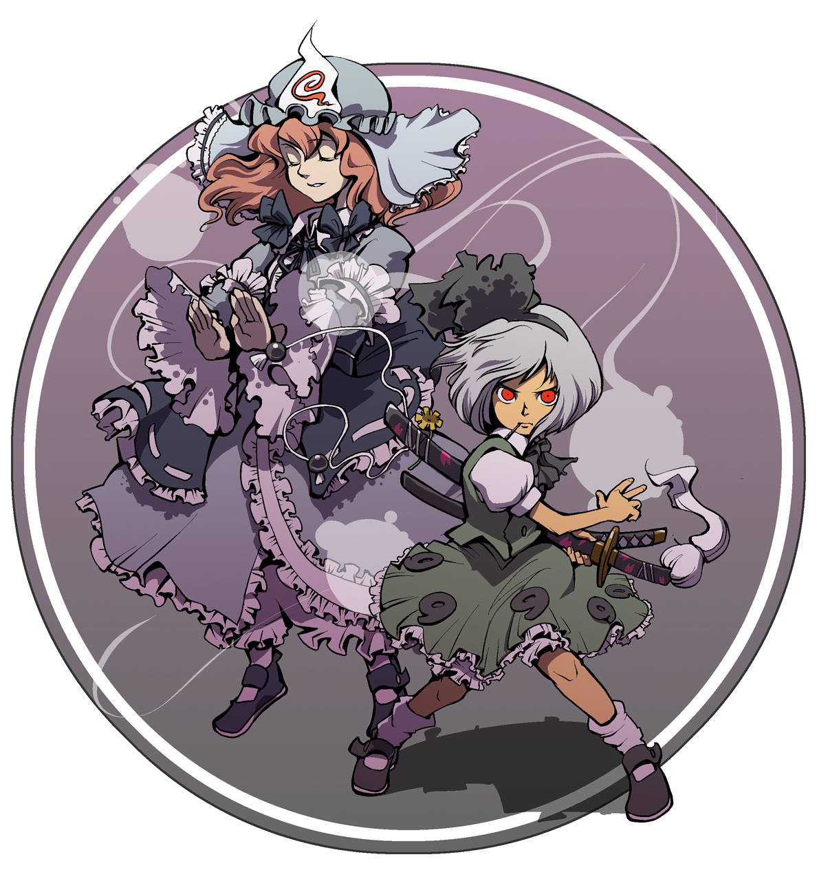 hounori, konpaku youmu, konpaku youmu (ghost), saigyouji yuyuko, touhou, silver hair, highres, 2girls, female focus, fighting stance, hat, hitodama, japanese clothes, katana, kimono, multiple girls, pink hair, ready to draw, red eyes, ribbon, sheath, sheathed, short hair, sword, weapon
