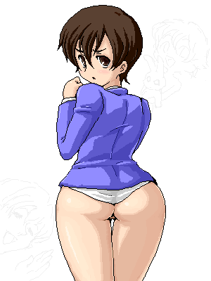 isu, fujioka haruhi, ouran high school host club, lowres, 00s, 1girl, ass, bottomless, crossdressing, crossdressing (ftm), female focus, hip focus, looking back, no panties, oekaki, short hair, solo, when you see it, wide hips