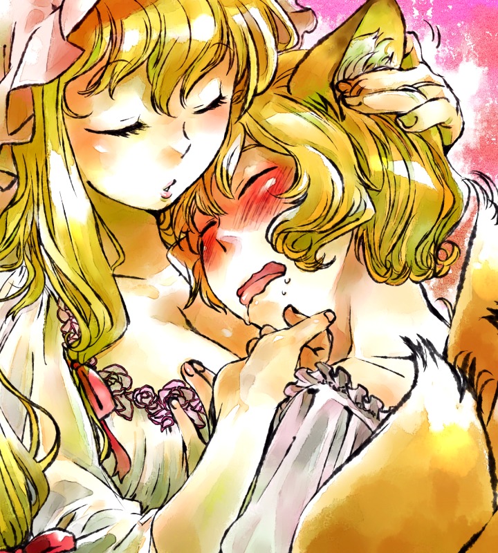 yukataro, yakumo ran, yakumo yukari, touhou, bad id, bad pixiv id, 2girls, blonde hair, blush, breasts, cleavage, couple, female focus, multiple girls, saliva, tongue, yuri