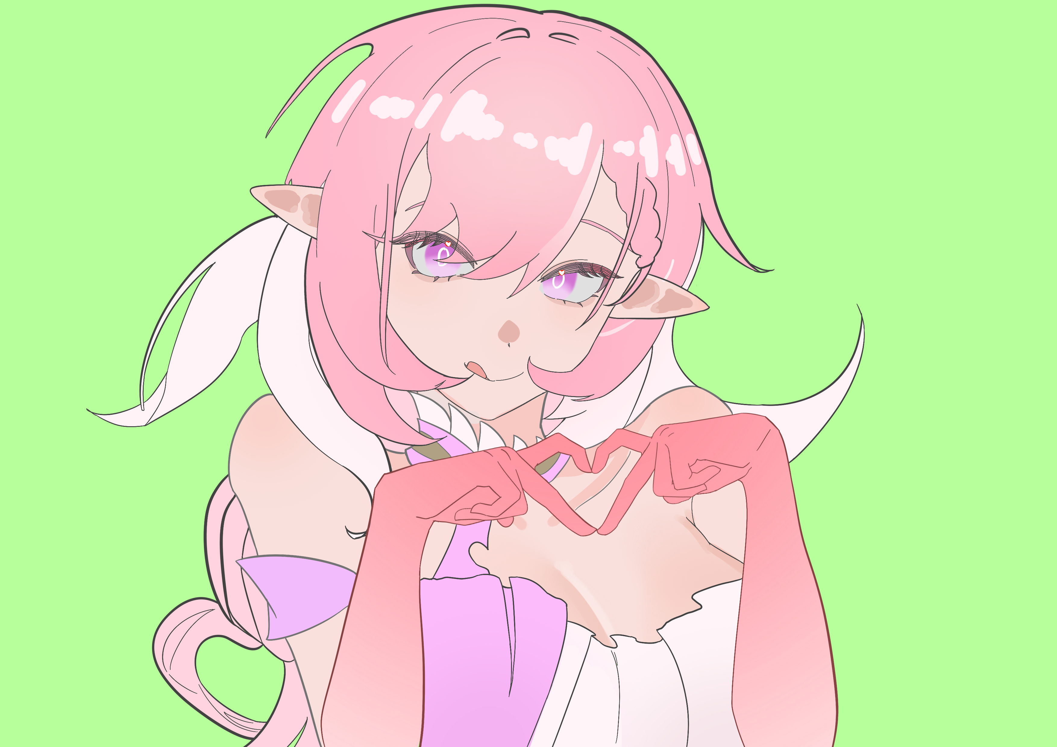 elysia (herrscher of human: ego) (honkai impact), elysia (honkai impact), honkai (series), honkai impact 3rd, absurdres, chinese commentary, commentary request, highres, 1girl, bare shoulders, breasts, cleavage, corset, diamond-shaped pupils, diamond (shape), elf, four-finger heart hands, green background, heart, heart hands, large breasts, licking lips, long hair, looking at viewer, multicolored hair, pink hair, pointy ears, purple eyes, simple background, solo, symbol-shaped pupils, tongue, tongue out, two-tone hair, very long hair, white corset, white hair, yi zhi taozi