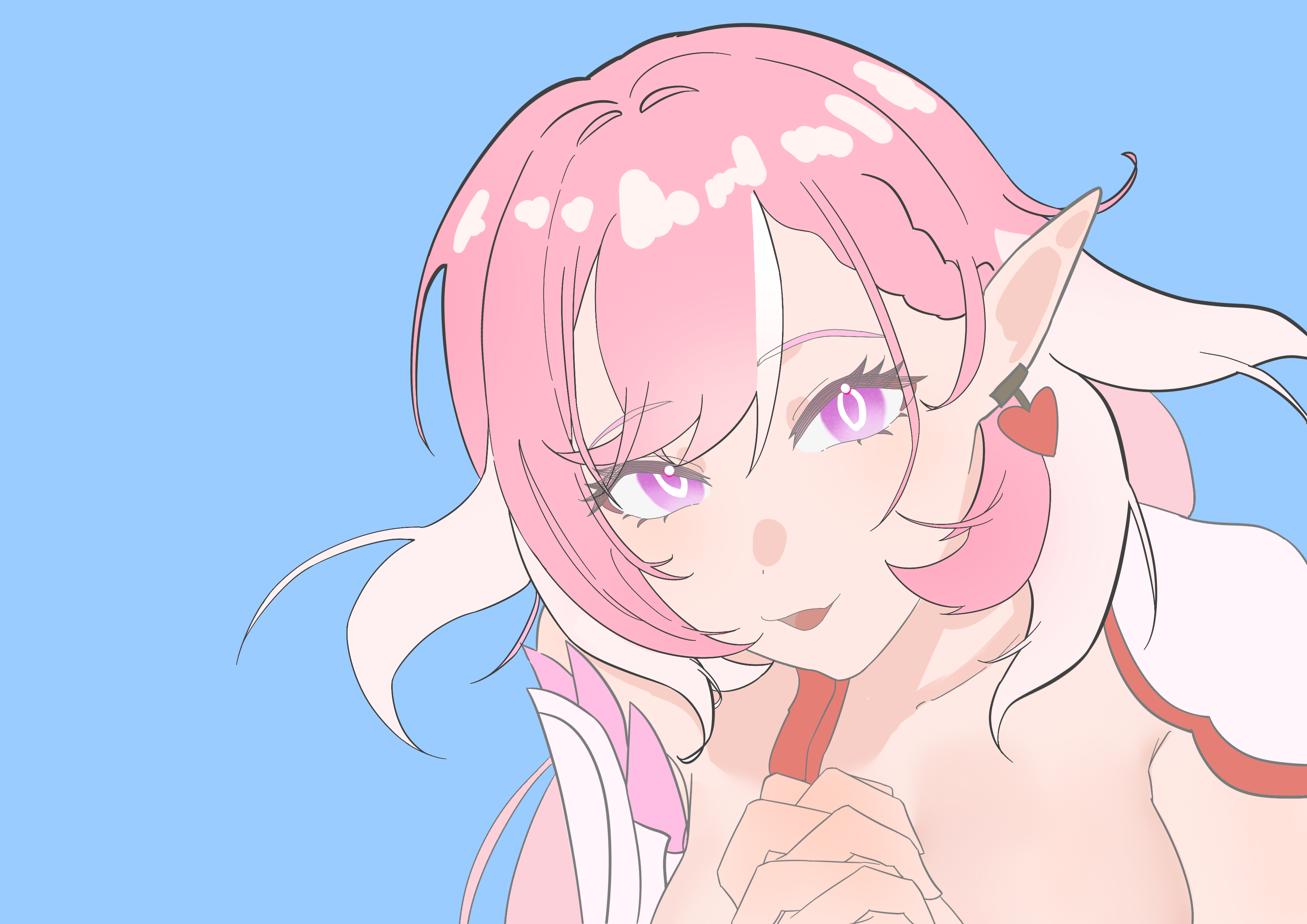 elysia (hi love elf) (honkai impact), elysia (honkai impact), honkai (series), honkai impact 3rd, absurdres, chinese commentary, commentary request, highres, 1girl, blue background, breasts, diamond-shaped pupils, diamond (shape), earrings, elf, heart, heart earrings, jewelry, large breasts, long hair, looking at viewer, multicolored hair, open mouth, pink hair, pointy ears, purple eyes, simple background, solo, symbol-shaped pupils, two-tone hair, upper body, very long hair, white hair, yi zhi taozi
