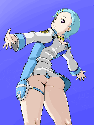 isu, eureka (eureka seven), eureka seven, eureka seven (series), lowres, 00s, 1girl, aqua hair, ass, blue background, blue hair, female focus, from below, jewelry, looking back, neck ring, no panties, oekaki, short hair, simple background, solo, thigh strap, upskirt