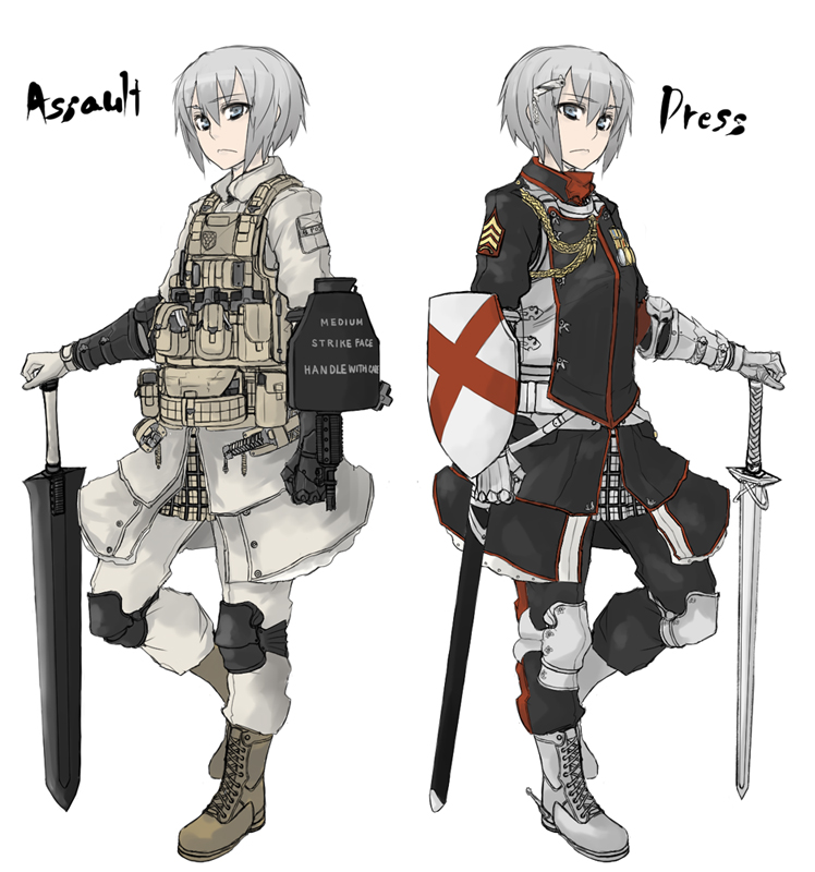 sigama, sigma (artist), bad id, bad pixiv id, 2girls, :<, armor, boots, comparison, dual persona, english text, explosive, female focus, gauntlets, grenade, grey eyes, grey hair, gun, hair ornament, hairclip, knee pads, lanyard, load bearing vest, looking at viewer, medal, military, military combat uniform, military operator, military uniform, multiple girls, plaid clothes, plaid skirt, shield, short hair, skirt, sword, symmetry, weapon