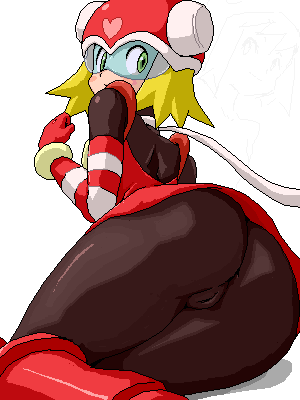 isu, harp note (mega man), sonia strumm (mega man), capcom, mega man (series), mega man star force (series), lowres, 00s, 1girl, ass, blonde hair, cameltoe, female focus, green eyes, looking back, oekaki, pantyhose, pussy, simple background, solo, uncensored, when you see it, white background