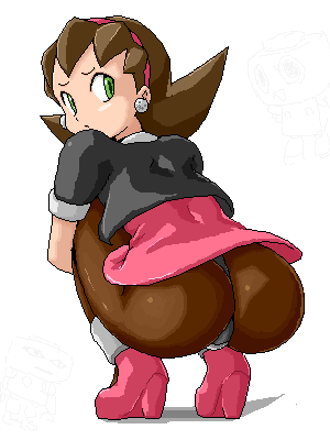 isu, servbot (mega man), tron bonne (mega man), capcom, mega man (series), mega man legends (series), lowres, 1girl, ass, boots, brown hair, crotch plate, full body, green eyes, hair slicked back, looking back, oekaki, pantyhose, pink boots, simple background, squatting, when you see it, white background