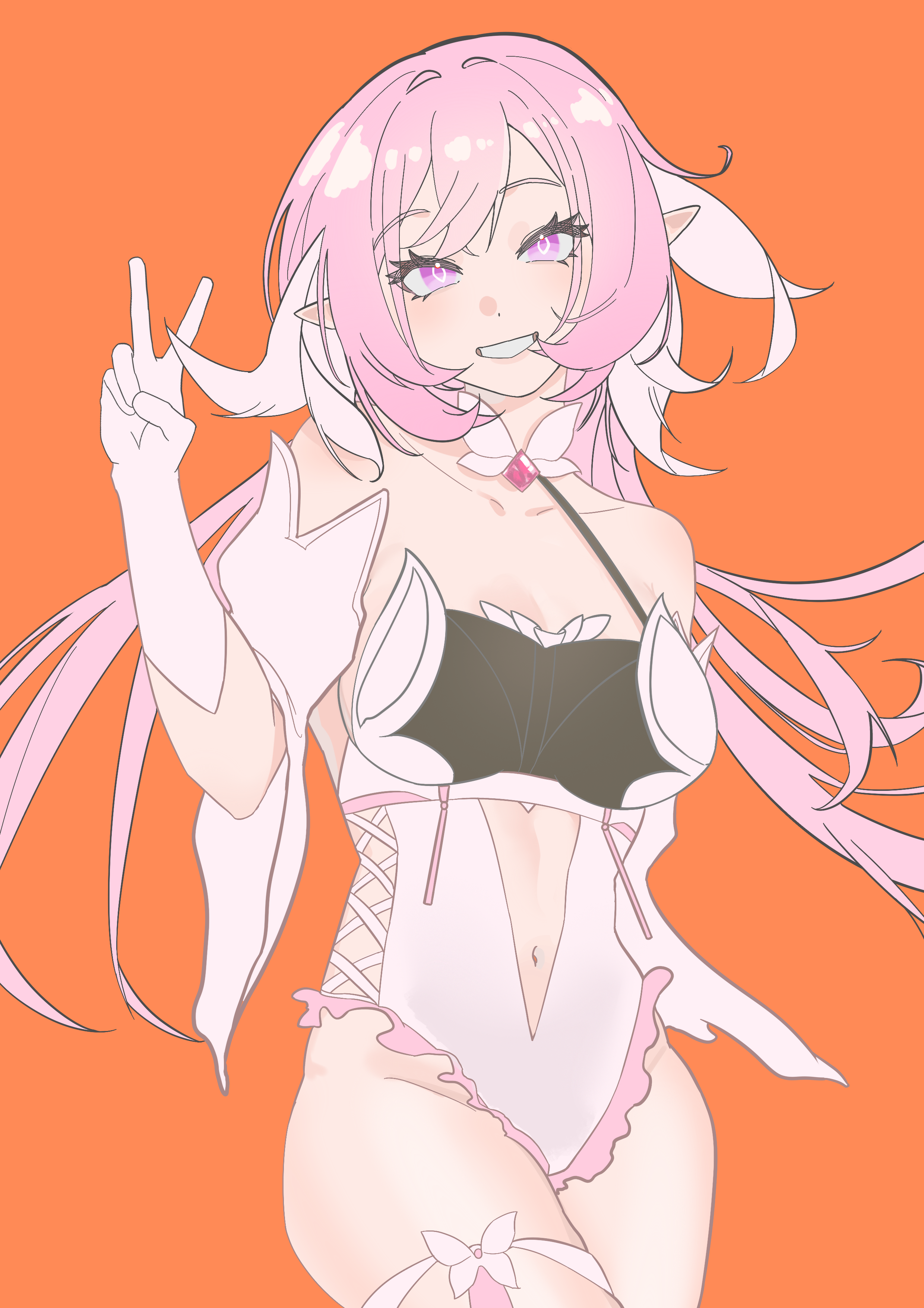 elysia (honkai impact), honkai (series), honkai impact 3rd, absurdres, chinese commentary, commentary request, highres, 1girl, alternate costume, bare shoulders, breasts, cleavage, clothing cutout, diamond-shaped pupils, diamond (shape), large breasts, leotard, long hair, looking at viewer, multicolored hair, navel, navel cutout, orange background, pink hair, purple eyes, simple background, smile, solo, symbol-shaped pupils, two-tone hair, v, very long hair, white hair, white leotard, yi zhi taozi