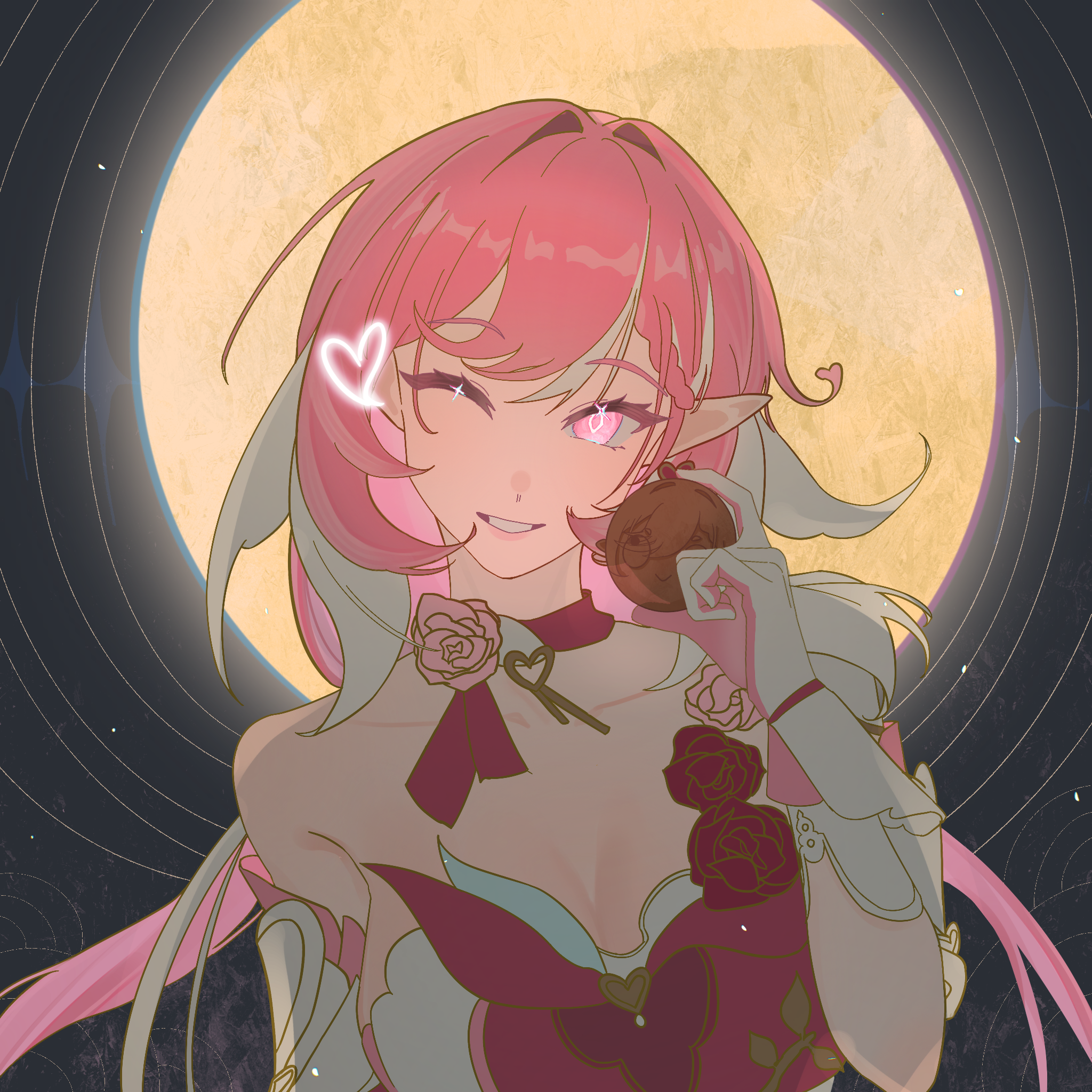 elysia (hi love elf) (honkai impact), elysia (honkai impact), honkai (series), honkai impact 3rd, chinese commentary, commentary request, highres, 1girl, ;), bare shoulders, breasts, cleavage, coin, diamond-shaped pupils, diamond (shape), dress, elf, full moon, gloves, heart, holding, holding coin, large breasts, long hair, looking at viewer, meme, moon, multicolored hair, night, night sky, one eye closed, pink hair, pointy ears, purple eyes, red dress, sky, smile, solo, symbol-shaped pupils, teri derp (meme), two-tone hair, upper body, very long hair, white gloves, white hair, yi zhi taozi