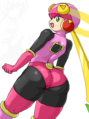 isu, roll.exe (mega man), capcom, mega man (series), mega man battle network, mega man battle network (series), lowres, 00s, 1girl, ass, blonde hair, bodysuit, female focus, green eyes, latex, leotard, looking back, oekaki, open mouth, simple background, smile, solo, thick thighs, thighhighs, thighs, when you see it