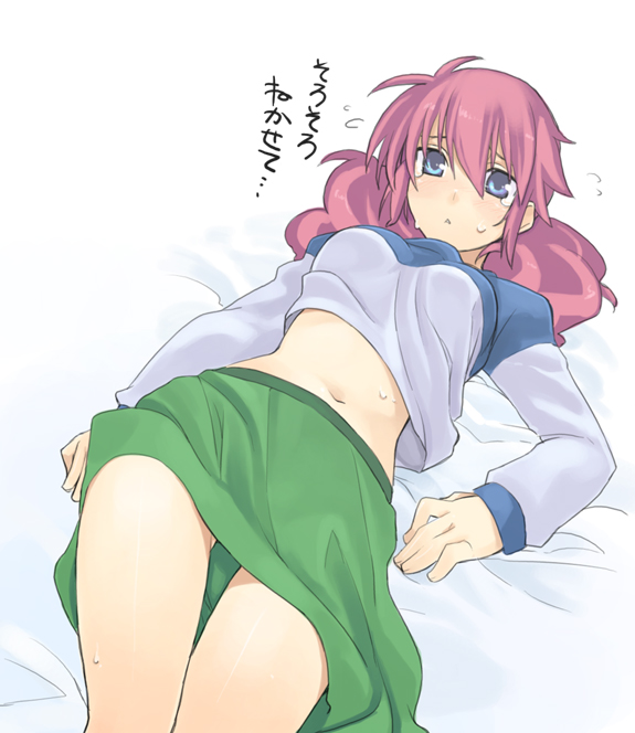 shigehiro (hiroi heya), feldt grace, gundam, gundam 00, translation request, 00s, 1girl, blue eyes, clothes lift, female focus, midriff, pink hair, shirt lift, skirt, solo, twintails