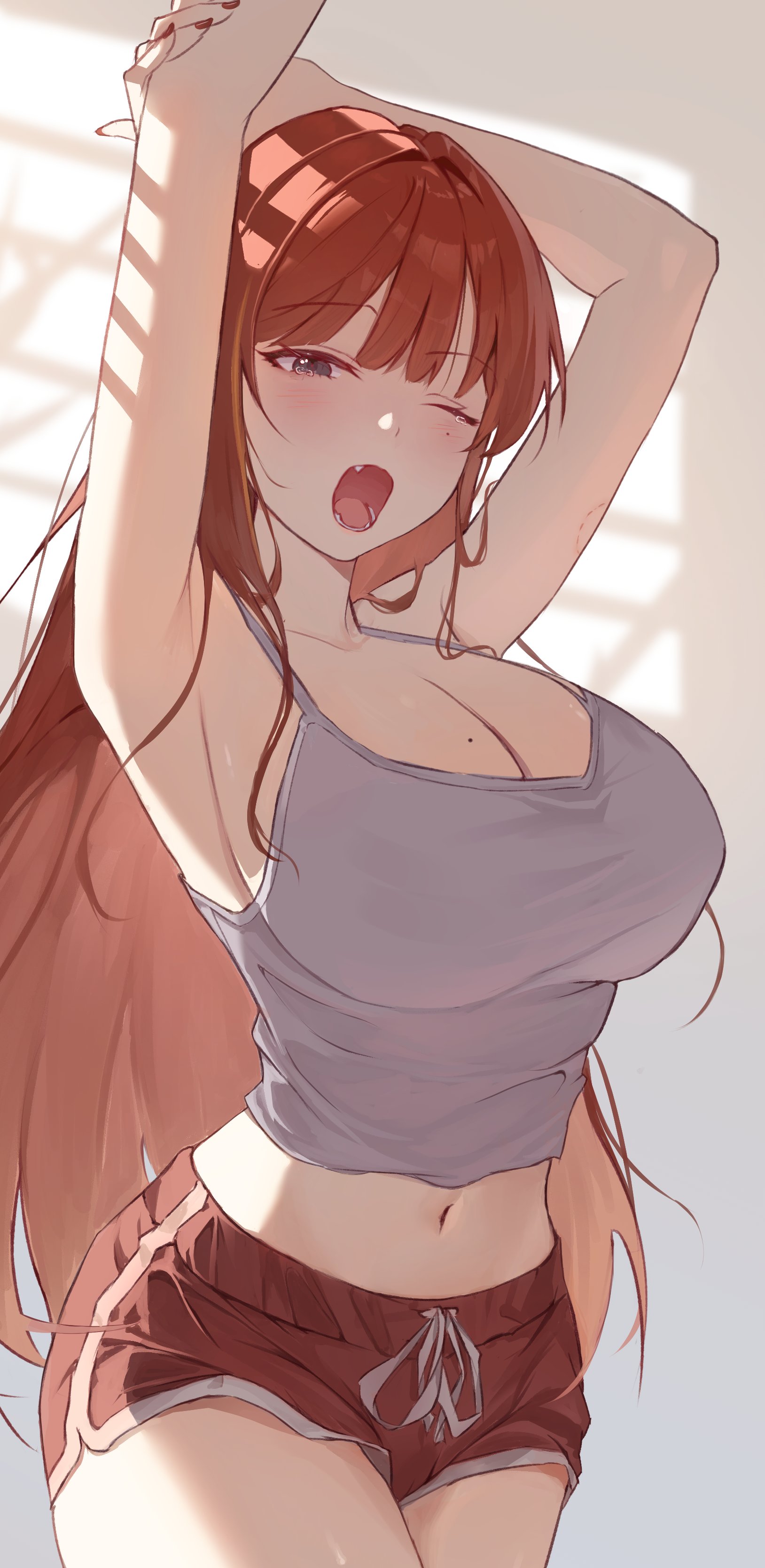 meosic2, akane lize, stellive, absurdres, highres, 1girl, armpits, arms behind head, arms up, bare arms, bare shoulders, black eyes, breasts, camisole, cleavage, cowboy shot, crop top, dolphin shorts, drawstring, fang, grey shirt, large breasts, long hair, looking at viewer, midriff, mole, mole on breast, mole under eye, navel, one eye closed, open mouth, red hair, red shorts, shirt, short shorts, shorts, sleeveless, sleeveless shirt, solo, spaghetti strap, stomach, stretching, very long hair, virtual youtuber