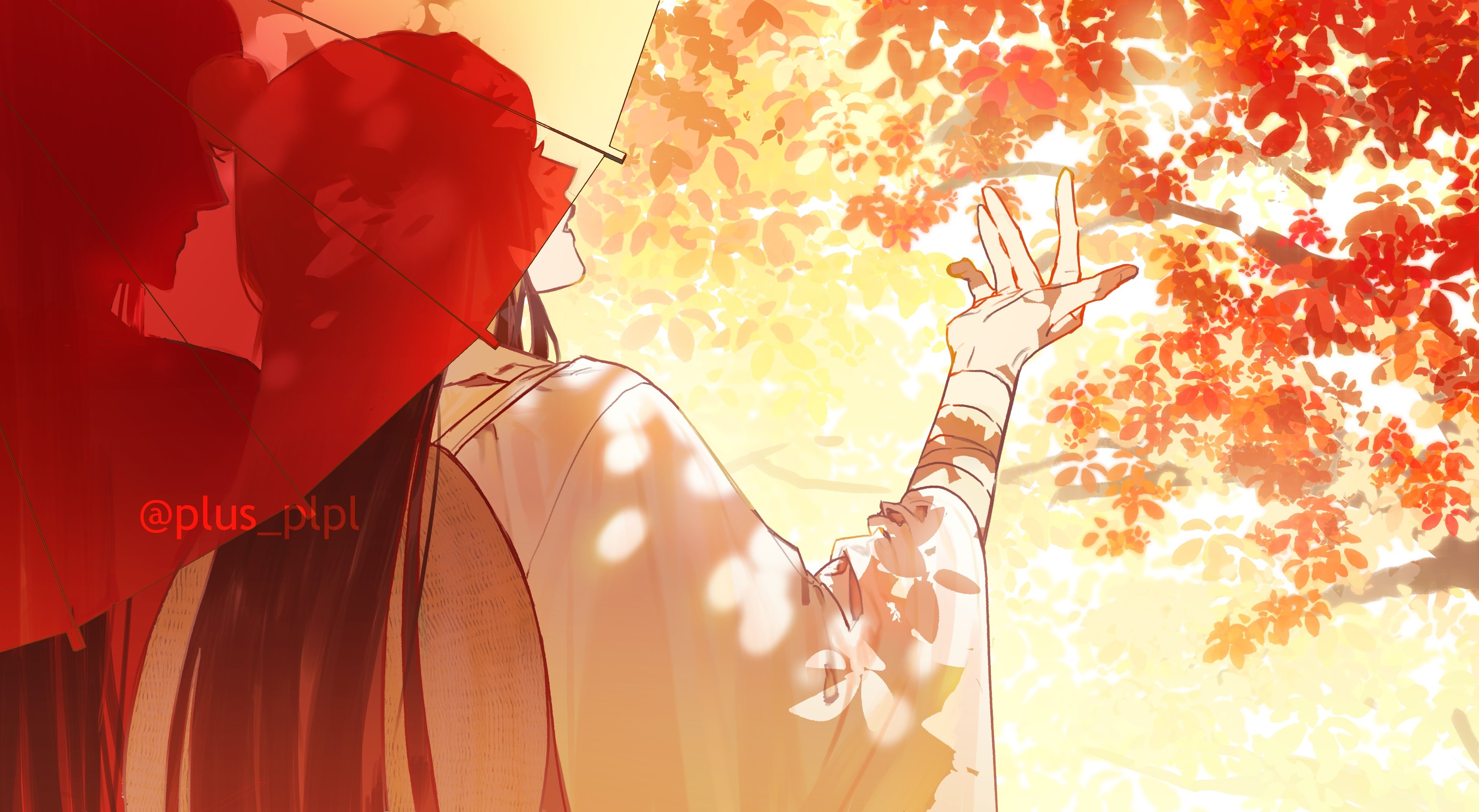 plus plpl, hua cheng, xie lian, tianguan cifu, absurdres, commentary, highres, symbol-only commentary, 2boys, autumn, autumn leaves, bandaged wrist, bandages, brown hair, chinese clothes, cupping hand, dappled sunlight, day, eyelashes, fingernails, forest, from behind, hand up, hanfu, hat, head back, height difference, holding, holding umbrella, leaf, light smile, limited palette, long eyelashes, long hair, long sidelocks, looking up, male focus, multiple boys, nature, oil-paper umbrella, outdoors, parted lips, profile, red theme, red umbrella, side-by-side, sidelighting, sidelocks, silhouette, straight hair, sunlight, tree, twitter username, umbrella, unworn hat, unworn headwear, upper body, very long hair, warm colored, white hanfu, wide sleeves, yellow theme