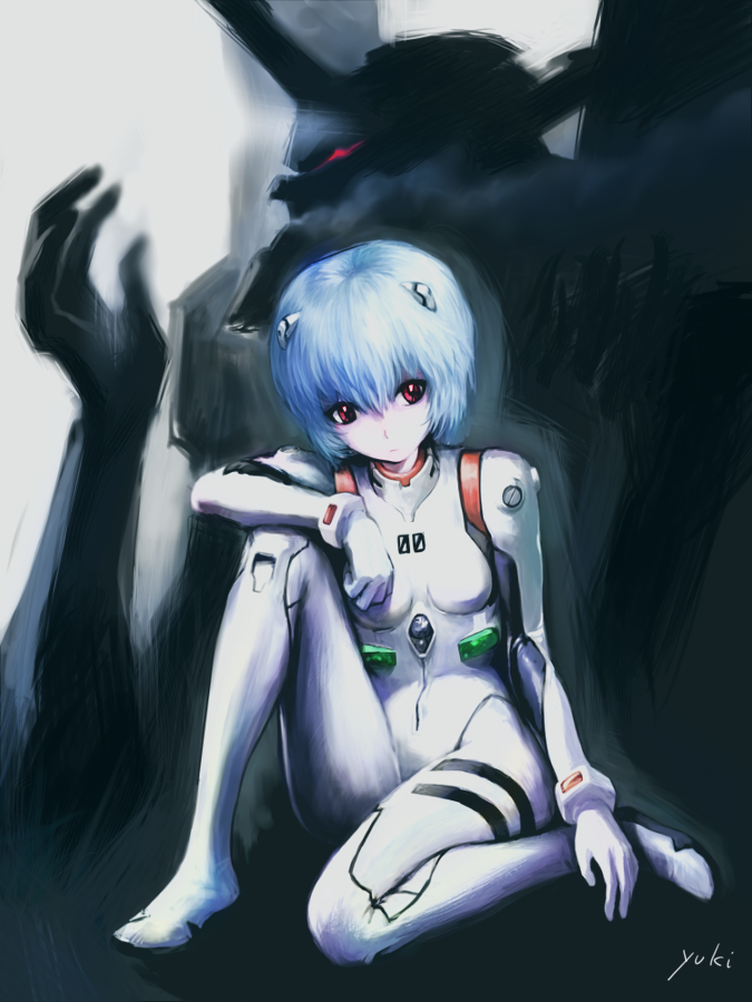 ayanami rei, eva 01, neon genesis evangelion, 1girl, blue hair, bodysuit, bracer, breasts, clenched hand, expressionless, female focus, full body, gloves, glowing, glowing eyes, hair between eyes, hair ornament, head tilt, horns, knee up, looking at viewer, mecha, mecha pilot suit, pale skin, plugsuit (evangelion), red eyes, robot, short hair, signature, silhouette, single horn, sitting, small breasts, solo, turtleneck