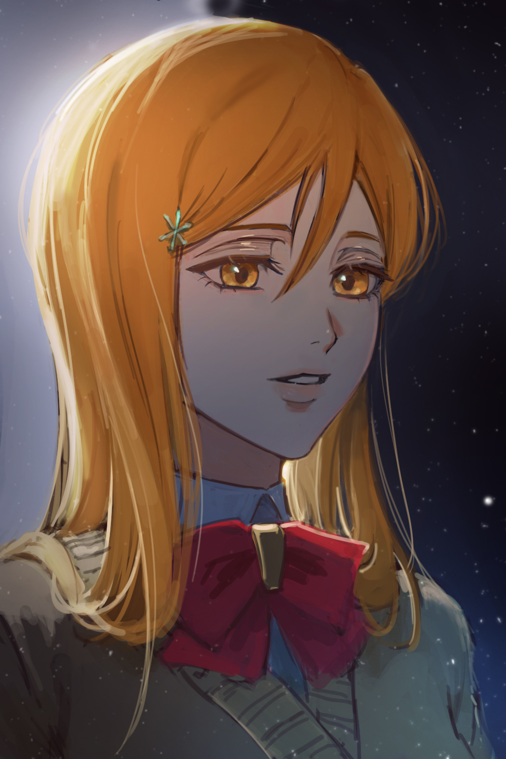22nae2, inoue orihime, bleach, highres, 1girl, alternate eye color, female focus, hair ornament, hairclip, karakura high school uniform, light particles, lips, orange eyes, orange hair, ribbon, school uniform, simple background, upper body