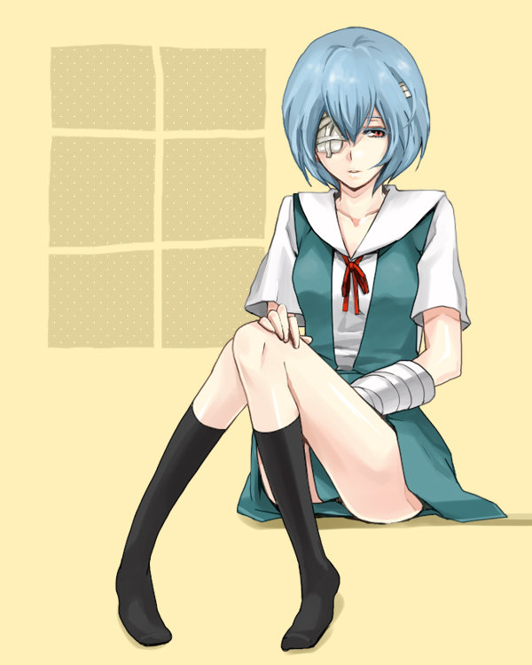 ayanami rei, neon genesis evangelion, bad id, bad pixiv id, bandage over one eye, bandages, blue hair, knees together feet apart, red eyes, school uniform, short hair, sitting, solo, thighs