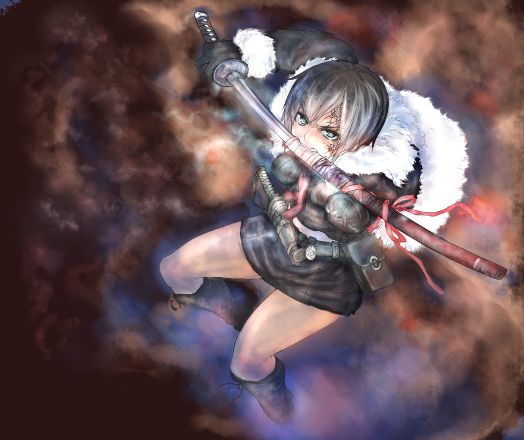 sigama, original, bad id, bad pixiv id, 1girl, amputee, black eyes, black hair, boots, female focus, full body, katana, mouth hold, short hair, skirt, solo, sword, tattoo, weapon