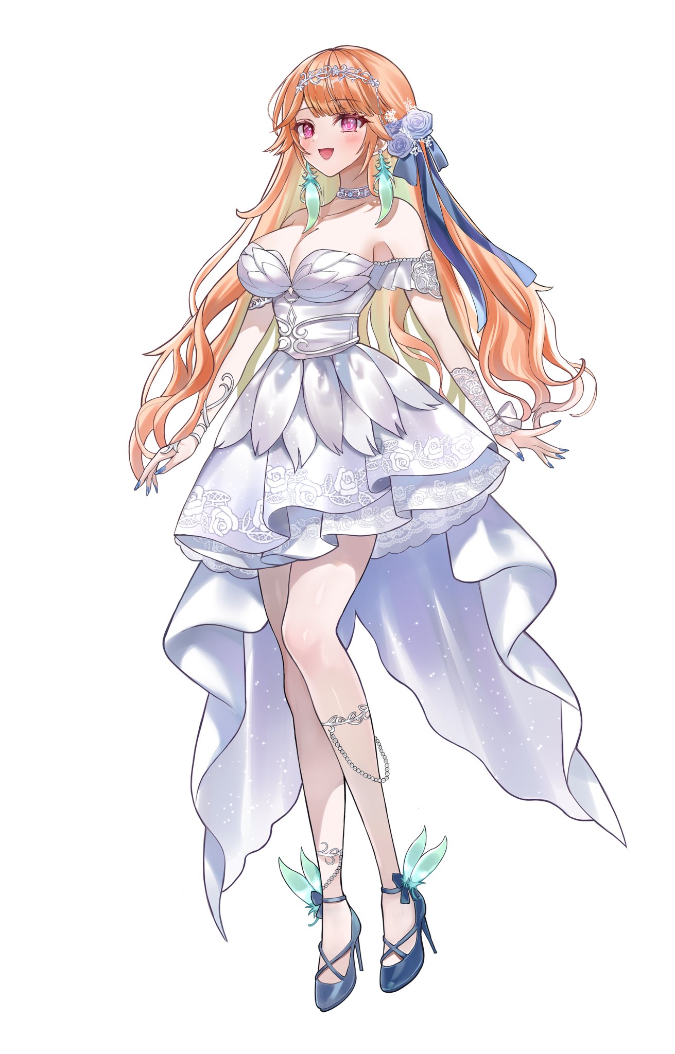 miza8276, takanashi kiara, hololive, hololive english, highres, 1girl, alternate costume, bare shoulders, blue nails, breasts, choker, cleavage, dress, earrings, feather earrings, feathers, flower, hair flower, hair ornament, hair ribbon, high heels, jewelry, lace-trimmed choker, lace trim, large breasts, long hair, looking at viewer, open mouth, orange hair, purple eyes, ribbon, simple background, smile, solo, virtual youtuber, white background, white dress