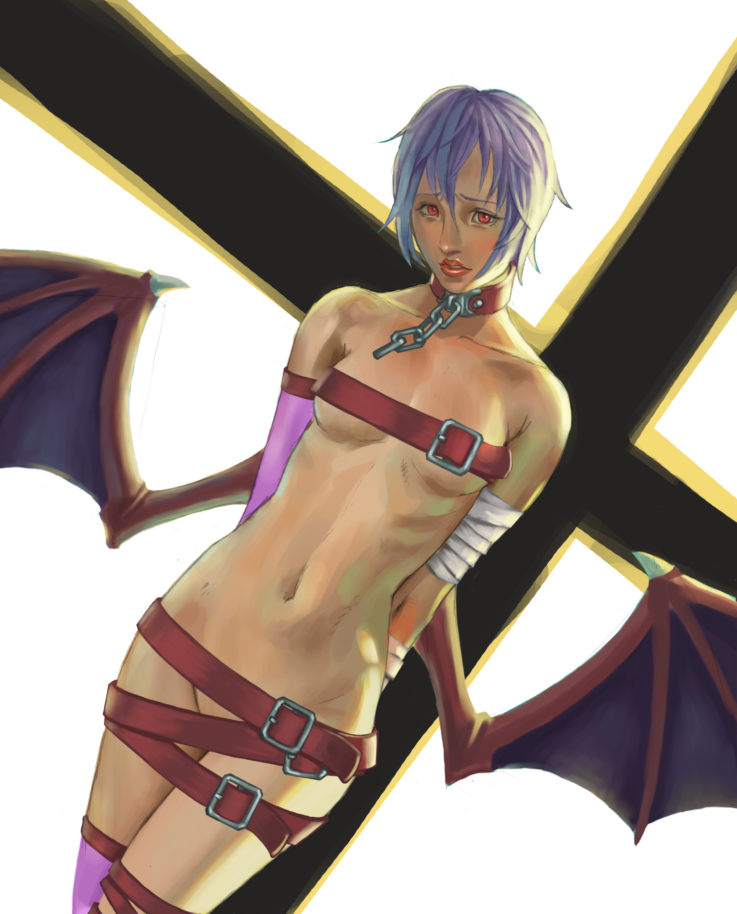 pontako, lilith (darkstalkers), capcom, darkstalkers, absurdres, highres, 1girl, bandages, bat wings, bdsm, belt, belt bra, belt skirt, blush, bondage, bound, breasts, buckle, chain, collar, demon girl, female focus, flat chest, groin, leather, lips, midriff, purple hair, red eyes, short hair, small breasts, solo, wings