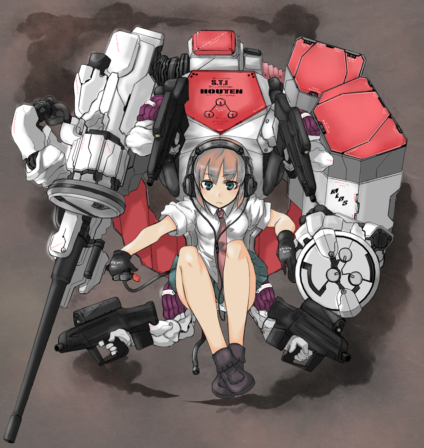 sigama, bad id, bad pixiv id, blue eyes, gloves, gun, headphones, mecha, necktie, robot, short hair, skirt, solo, weapon
