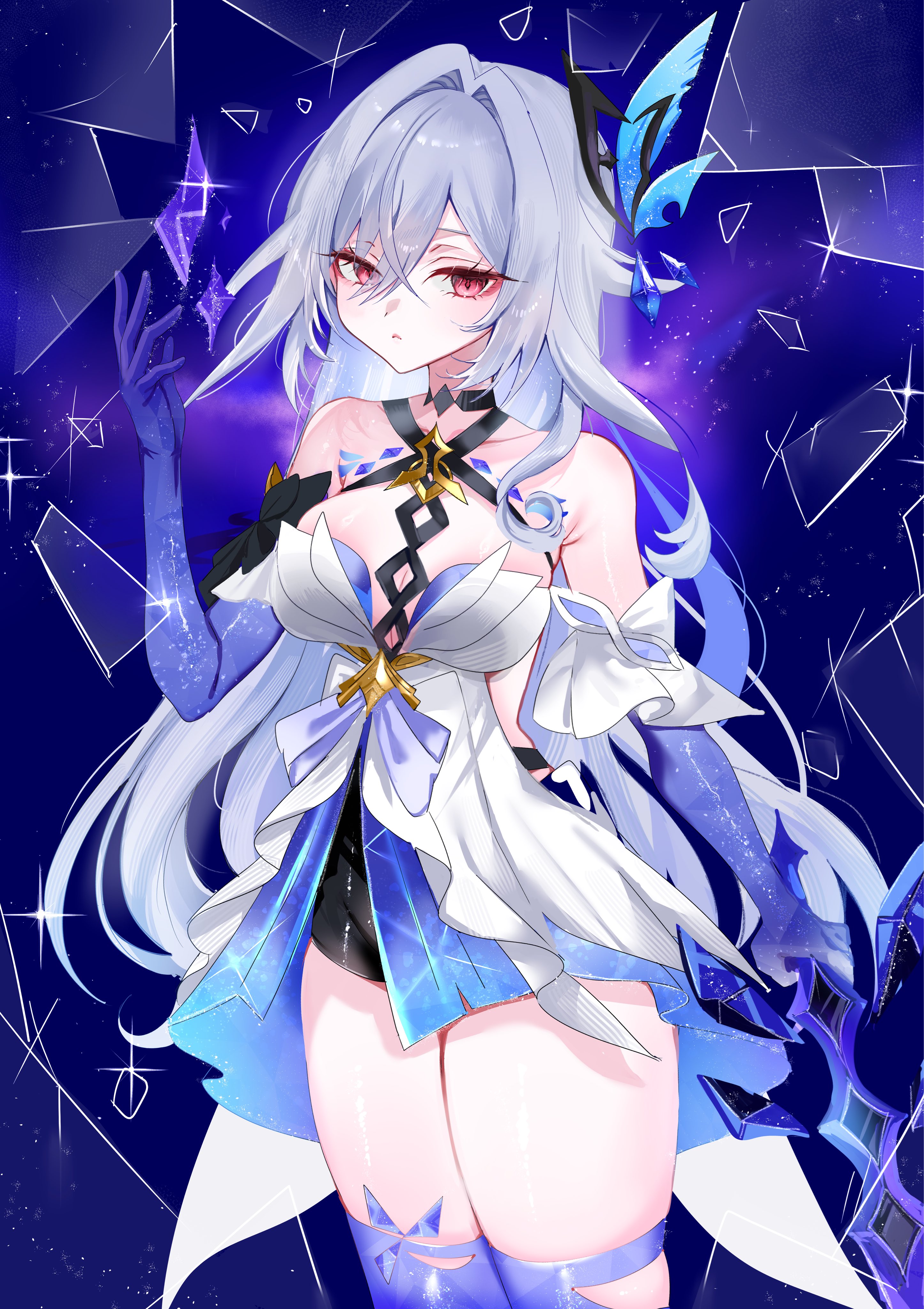 anone2259, skirk (genshin impact), genshin impact, absurdres, hashtag-only commentary, highres, 1girl, :<, bare shoulders, black shorts, breasts, collarbone, dress, glass shards, grey hair, hair ornament, hand up, holding, holding sword, holding weapon, long hair, medium breasts, object floating above hand, purple background, purple hands, purple thighhighs, red eyes, short shorts, shorts, solo, sword, thighhighs, thighs, weapon, white dress