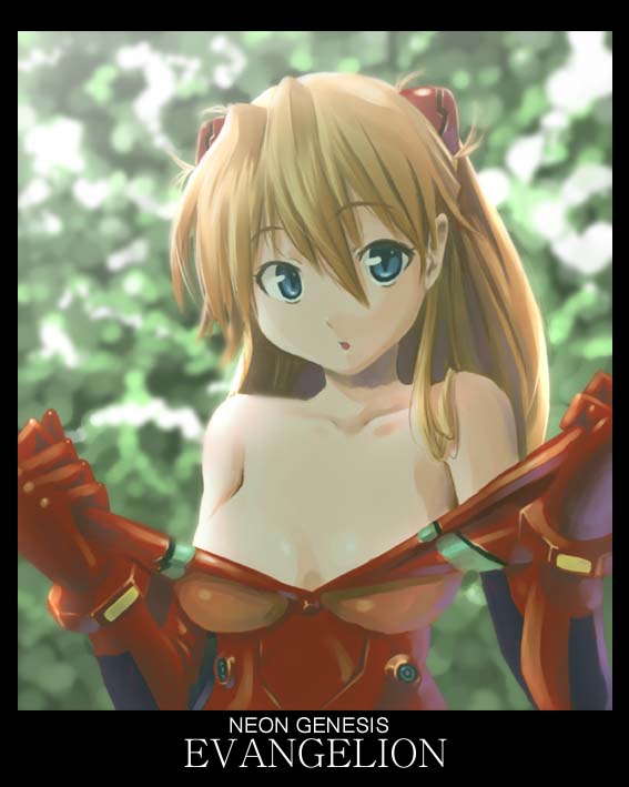 wadapen, souryuu asuka langley, neon genesis evangelion, 1girl, :o, bare shoulders, blue eyes, blurry, bodysuit, border, bracer, breasts, cleavage, collarbone, copyright name, depth of field, female focus, gloves, hair between eyes, hair ornament, long hair, looking at viewer, mecha pilot suit, orange hair, plugsuit (evangelion), red hair, solo, tree, undressing, upper body