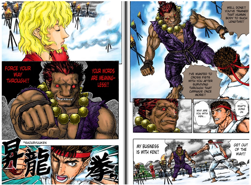 akuma (street fighter), griffith (berserk), guts (berserk), ken masters, ryu (street fighter), zodd (berserk), berserk, capcom, street fighter, hard-translated, non-web source, third-party edit, translated, 3boys, blonde hair, castle, clenched hand, comic, crossover, headband, jewelry, male focus, multiple boys, necklace, parody, pointy ears, sharp teeth, shouryuuken, snow, teeth, torch, uppercut