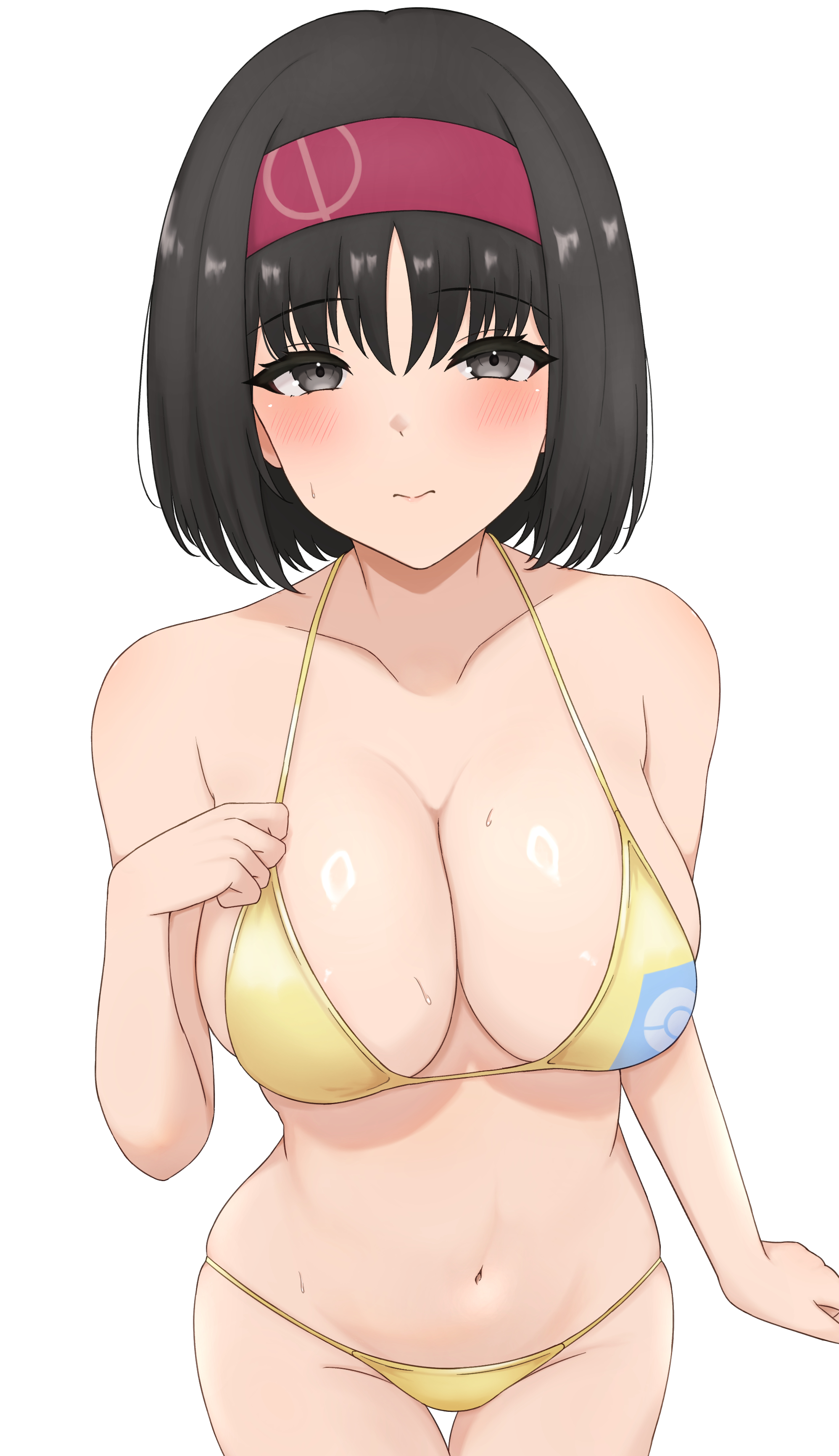 wachikumori, erika (pokemon), nintendo, pokemon, pokemon frlg, absurdres, highres, 1girl, bikini, black hair, blush, bob cut, breasts, cleavage, closed mouth, collarbone, cowboy shot, grey eyes, hairband, hand up, large breasts, looking at viewer, navel, red hairband, short hair, simple background, skindentation, solo, stomach, string bikini, sweat, swimsuit, thigh gap, white background, yellow bikini