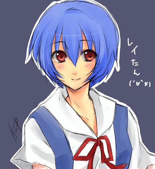 ayanami rei, neon genesis evangelion, translated, blue hair, red eyes, school uniform, short hair, smile, solo