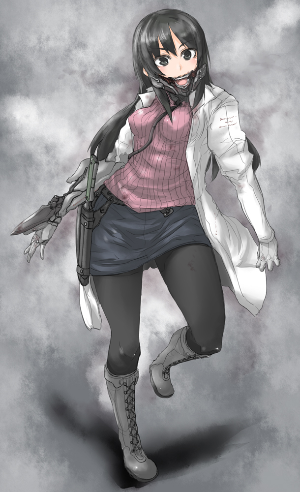 sigama, bad id, bad pixiv id, 1girl, black eyes, black hair, boots, cyborg, female focus, long hair, pantyhose, pencil skirt, prosthesis, skirt, solo