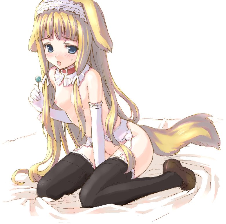 amano yuu, animal ears, black thighhighs, blonde hair, blue eyes, blush, breasts, candy, collar, dog ears, elbow gloves, flat chest, food, garter belt, gloves, hairband, lollipop, long hair, nipples, no panties, oekaki, solo, thighhighs, tongue, topless female