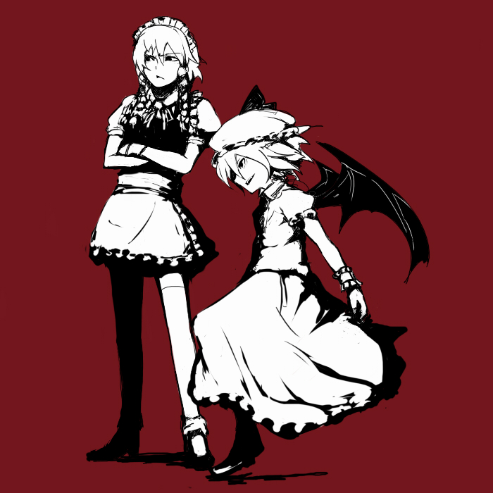 soubi, izayoi sakuya, remilia scarlet, touhou, bad id, bad pixiv id, 2girls, bat wings, braid, female focus, hat, high contrast, maid, monochrome, multiple girls, red background, red theme, short hair, twin braids, wings