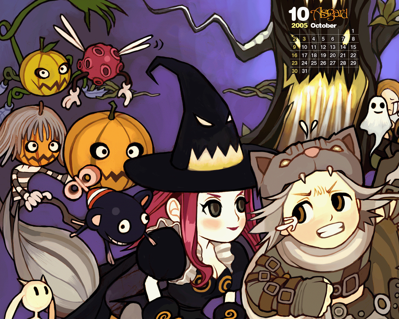 asgard, nexon, artist request, official art, official wallpaper, second-party source, 2005, arm belt, bare tree, belt, belt buckle, black cape, black dress, black eyes, black hat, black shirt, black sleeves, blush, branch, breasts, brown belt, brown eyes, brown hat, buckle, calendar (medium), cape, cleavage, clenched hand, clenched teeth, crying, dated, dress, fewer digits, ghost, gloves, green tail, grey eyes, grey hair, grey shirt, grey sleeves, halloween, hat, impasto, insect wings, lips, long sidelocks, looking to the side, medium breasts, medium hair, monster, mouse (animal), october, orange hair, pale skin, pelt, plant tail, puffy short sleeves, puffy sleeves, pumpkin, pumpkin head, purple background, scarf, shirt, short sleeves, sidelocks, single sleeve past wrist, solid oval eyes, streaming tears, striped clothes, striped shirt, striped sleeves, tears, teeth, thumb hole sleeves, tree, two-sided cape, two-sided fabric, two-tone shirt, two-tone sleeves, v-shaped eyebrows, white gloves, white scarf, white shirt, white sleeves, white wings, winding key, wings, witch hat