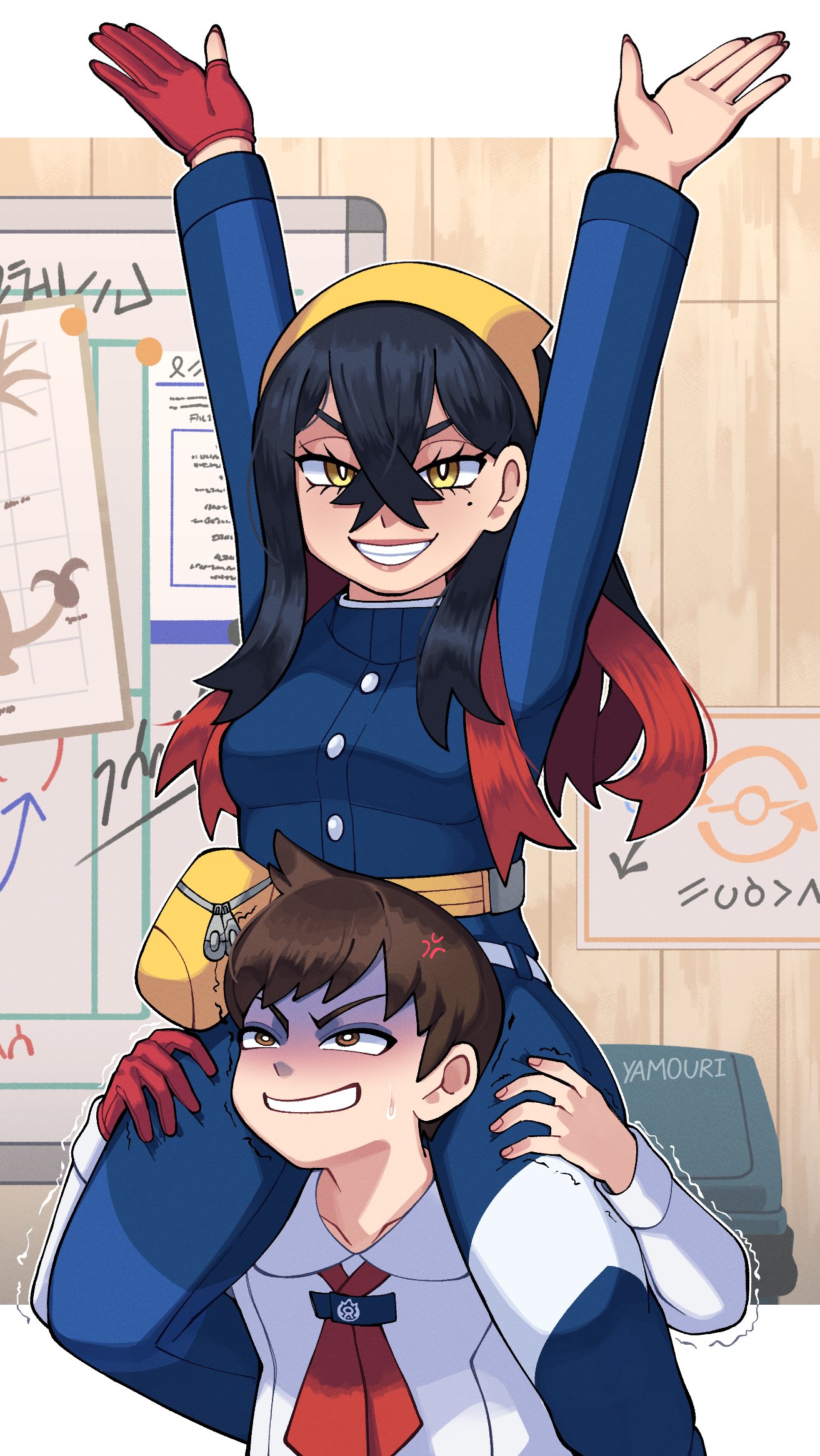 yamouri, carmine (pokemon), florian (pokemon), nintendo, pokemon, pokemon sv, commentary, highres, symbol-only commentary, 1boy, 1girl, anger vein, arms up, artist name, black hair, blue jacket, blue pants, blueberry academy school uniform, brown eyes, brown hair, carrying, colored inner hair, crossed bangs, eyelashes, fanny pack, gloves, hair between eyes, hairband, jacket, long hair, looking at viewer, mole, mole under eye, multicolored hair, neckerchief, pants, partially fingerless gloves, red gloves, red hair, red neckerchief, school uniform, shirt, short hair, shoulder carry, single glove, smile, struggling, sweatdrop, teeth, two-tone hair, white shirt, yellow eyes, yellow hairband
