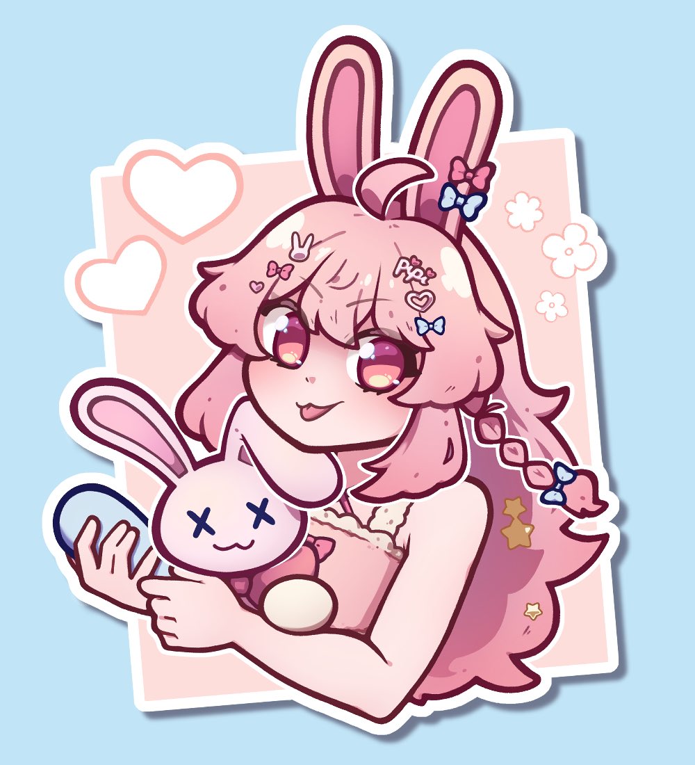 justspicy, pipkin pippa, phase connect, commentary, english commentary, 1girl, ahoge, animal ears, bow, braid, camisole, cropped torso, hair bow, hair ornament, heart, heart hair ornament, holding, holding stuffed toy, pink camisole, pink eyes, pink hair, rabbit ears, rabbit girl, rabbit hair ornament, side braid, solo, star (symbol), star hair ornament, stuffed animal, stuffed rabbit, stuffed toy, tongue, tongue out, upper body, v-shaped eyebrows, virtual youtuber, x x