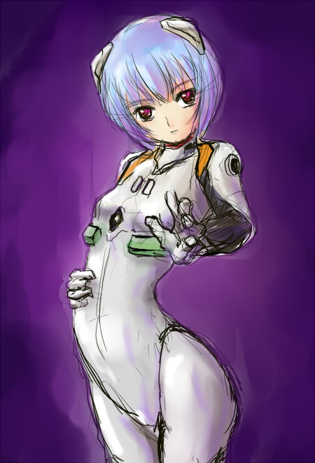 ayanami rei, neon genesis evangelion, non-web source, 1girl, arched back, blue hair, bodysuit, breasts, cowboy shot, expressionless, female focus, from side, gloves, hair ornament, hand on own stomach, head tilt, interface headset (evangelion), looking at viewer, mecha pilot suit, plugsuit (evangelion), red eyes, short hair, simple background, sketch, small breasts, solo, turtleneck
