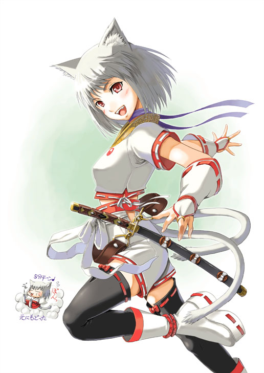 yuu (yuyukaikan), original, animal ears, cat ears, cat tail, japanese clothes, katana, multiple tails, red eyes, sheath, sheathed, short hair, solo, sword, tail, thighhighs, weapon, white hair