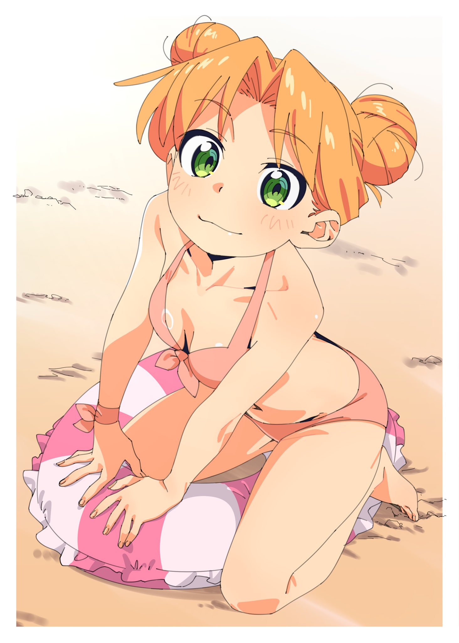 sakuya (saqu09307728), tanigawa ruri, ruri no houseki, highres, 1girl, bare shoulders, bikini, blonde hair, blush, breasts, green eyes, hair bun, looking at viewer, sitting, solo, swimsuit