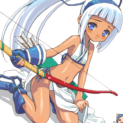 amano yuu, champuru, majikina mina, samurai spirits, snk, lowres, 1girl, aged down, arrow (projectile), bow (weapon), dark-skinned female, dark skin, female focus, flat chest, midriff, oekaki, ponytail, solo, weapon, white hair