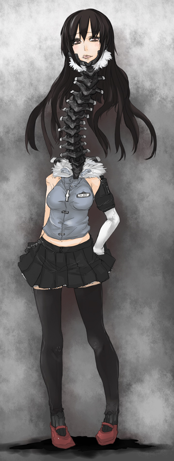 sigama, raging raven, metal gear (series), metal gear solid, metal gear solid 4: guns of the patriots, bad id, bad pixiv id, 1girl, black hair, creepy, cyborg, female focus, horror (theme), long hair, mecha musume, skirt, solo, thighhighs, tongue, zettai ryouiki
