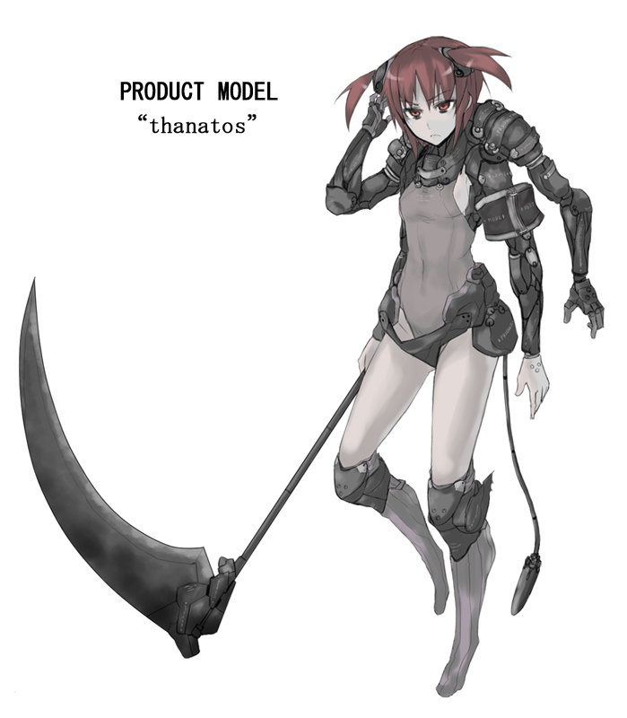 sigama, original, bad id, bad pixiv id, 1girl, bags under eyes, cyborg, english text, extra arms, female focus, multi limb, prosthesis, red eyes, red hair, scythe, serious, short hair, short twintails, simple background, solo, twintails, weapon, white background