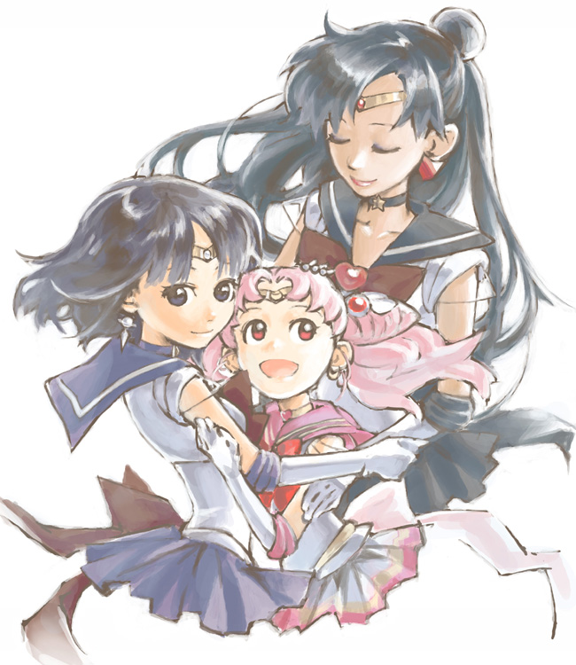 rc, chibi usa, meiou setsuna, sailor chibi moon, sailor pluto, sailor saturn, super sailor chibi moon, super sailor pluto, tomoe hotaru, bishoujo senshi sailor moon, bishoujo senshi sailor moon s, bishoujo senshi sailor moon stars, black neckwear, 1990s (style), 3girls, bob cut, brooch, child, cone hair bun, hair bun, half updo, heart, heart brooch, jewelry, magical girl, multicolored skirt, multiple girls, outer senshi, purple skirt, retro artstyle, sailor senshi, skirt