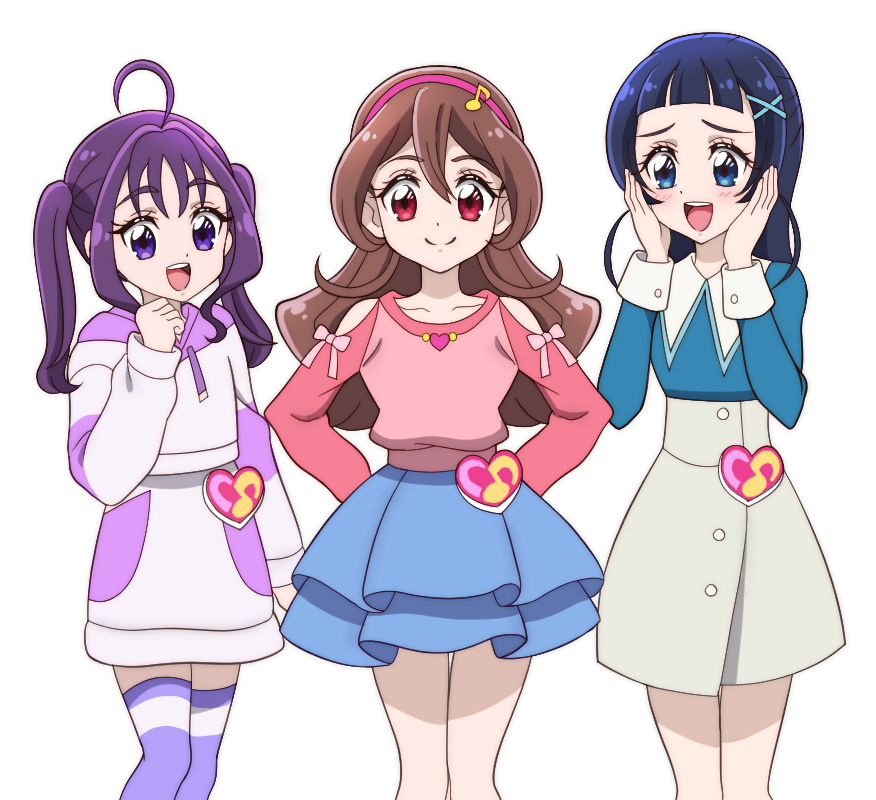 onomekaman, aokaze nana, sakura uta (precure), shigure kokoro, kimi to idol precure, precure, commentary, 3girls, :d, ahoge, arched bangs, arms behind back, bare shoulders, blue eyes, blue hair, blue shirt, blue skirt, blush, brooch, brown hair, clenched hand, closed mouth, clothing cutout, collarbone, collared shirt, contrast collar, cowboy shot, dot nose, double-parted bangs, drawstring, eighth note, fortissimo, grey skirt, hair intakes, hair ornament, hairband, hands on own cheeks, hands on own face, heart, heart brooch, heart brooch holder, hood, hood down, hoodie, idol heart brooch (precure), jewelry, legs together, long hair, long sleeves, looking at viewer, looking down, medium hair, multiple girls, musical note, musical note hair ornament, open mouth, pink hairband, pink shirt, purple eyes, purple hair, purple hoodie, purple skirt, purple thighhighs, red eyes, shirt, shoulder cutout, side-by-side, simple background, skirt, sleeve cuffs, smile, split mouth, standing, teeth, thighhighs, twintails, upper teeth only, white background, x hair ornament, zettai ryouiki