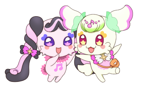 onomekaman, meroron (precure), purirun (precure), kimi to idol precure, precure, commentary, lowres, 2girls, :d, arms up, bag, beamed eighth notes, black bow, black hair, blush stickers, bow, bowtie, brooch, butterfly bow, butterfly hair ornament, collar, creature, curly hair, eighth note, facial mark, fairy, four-pointed star, fur-trimmed collar, fur trim, hair bun, hair ornament, heart, heart facial mark, imminent hug, jewelry, long hair, looking at another, mascot, meroron (fairy) (precure), messenger bag, multicolored bow, multicolored fur, multicolored hair, multiple girls, musical note, no fingers, no humans, open mouth, orange bag, outstretched arms, pink bow, pink collar, pink fur, pink hair, purirun (fairy) (precure), purple eyes, red eyes, shoulder bag, simple background, smile, star-shaped pupils, star (symbol), star brooch, star hair ornament, symbol-shaped pupils, tail, two-tone bow, two-tone fur, two-tone hair, white background, white bow, white bowtie, yellow fur