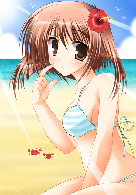nanaroba hana, 1girl, beach, bikini, brown eyes, brown hair, day, female focus, ocean, outdoors, short hair, solo, striped bikini, striped clothes, swimsuit, water