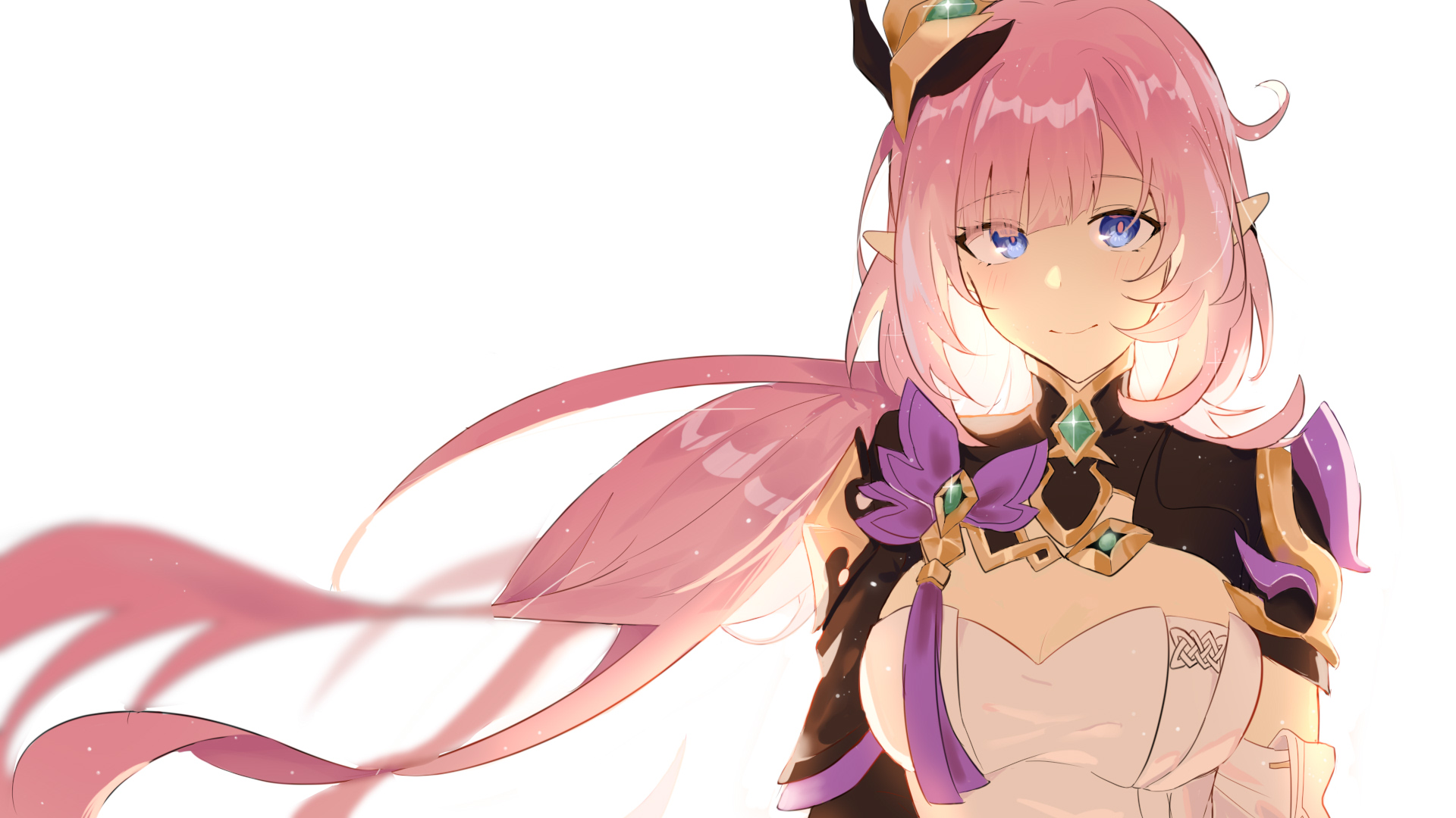 mengaijiang924, elysia (honkai impact), elysia (miss pink elf) (honkai impact), honkai (series), honkai impact 3rd, chinese commentary, commentary request, highres, 1girl, blue eyes, breasts, cleavage, corset, elf, hair between eyes, hair ornament, large breasts, long hair, looking at viewer, pink hair, pink pupils, pointy ears, simple background, smile, solo, upper body, white background, white corset