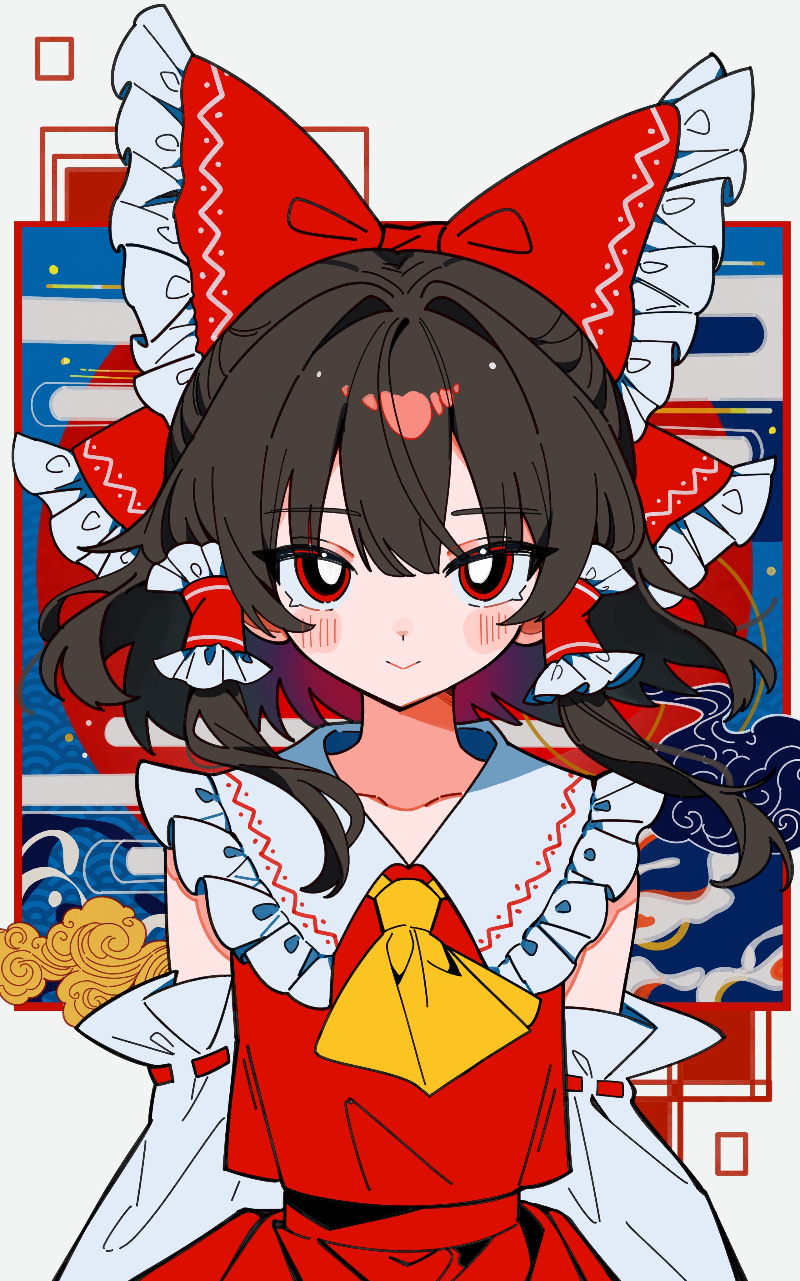 rotoi 1234, hakurei reimu, touhou, absurdres, commentary, highres, translation request, 1girl, ascot, blush, bow, brown hair, detached sleeves, dress, frilled bow, frilled hair tubes, frills, hair bow, hair intakes, hair tubes, looking at viewer, medium hair, nontraditional miko, red bow, red dress, red eyes, red skirt, ribbon, ribbon-trimmed sleeves, ribbon trim, skirt, solo, yellow ascot