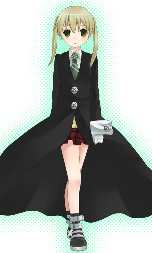 kayaku, maka albarn, soul eater, 00s, blonde hair, gloves, green eyes, long hair, necktie, plaid clothes, plaid skirt, school uniform, skirt, solo, twintails