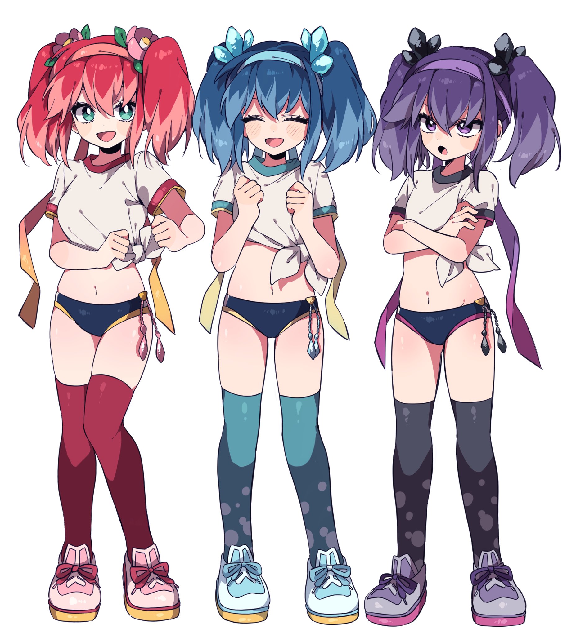 fubukihime, hyakkihime, tsubakihime (youkai watch), youkai watch, highres, 3girls, blue hair, camellia, closed mouth, flower, hair flower, hair ornament, hair ribbon, headband, kiyokiyo 0620, multicolored hair, multiple girls, navel, open mouth, pink flower, purple eyes, purple hair, red hair, ribbon, shirt, shoes, short twintails, simple background, sneakers, thighhighs, tied shirt, twintails, two-tone hair, youkai (youkai watch)